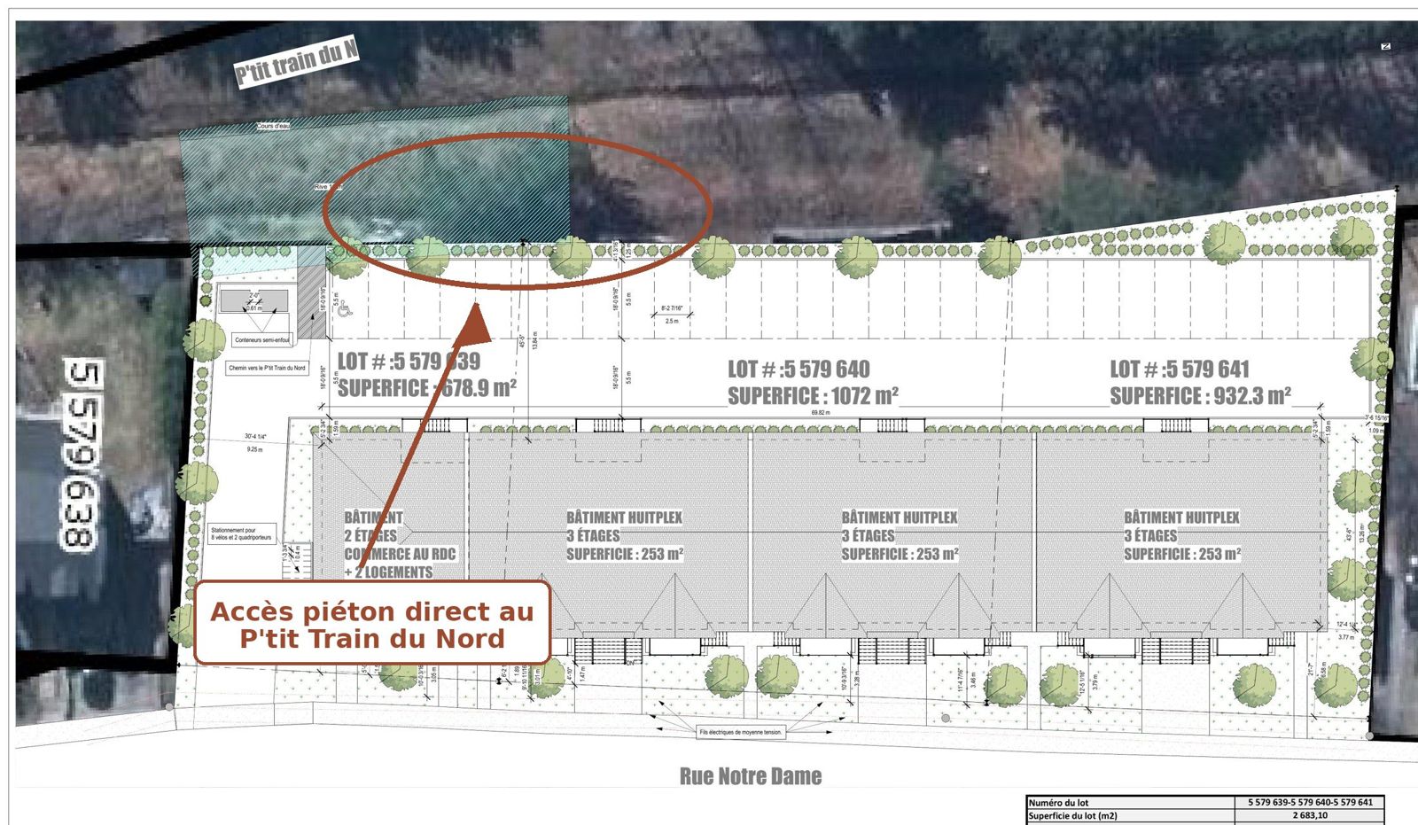 Plan d'implantation annoté — accès piéton au P'tit Train du Nord encerclé